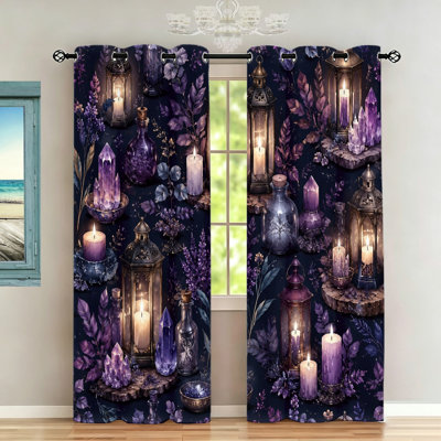 2Pcs Mystical Lanterns and Crystals Print Blackout Curtains, Artistic Room Darkening Window Drapes for Living Room Bedroom Home Decor