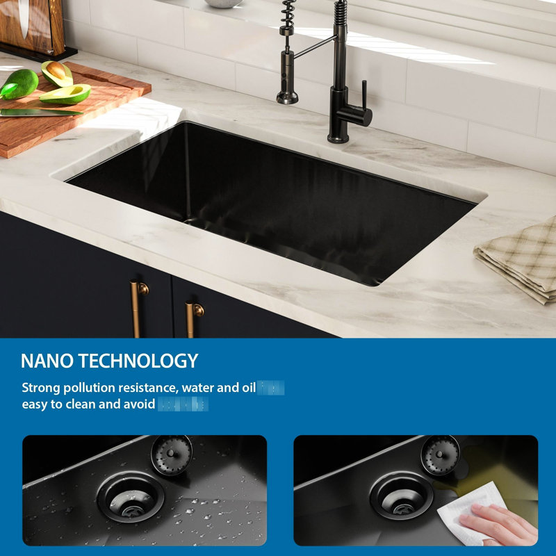 Gunmetal Black Kitchen Sink 33"X19"X10" - 16 Gauge T304 Stainless Steel, Undermount With Drain 33X19x10 Inch Steel Assembly