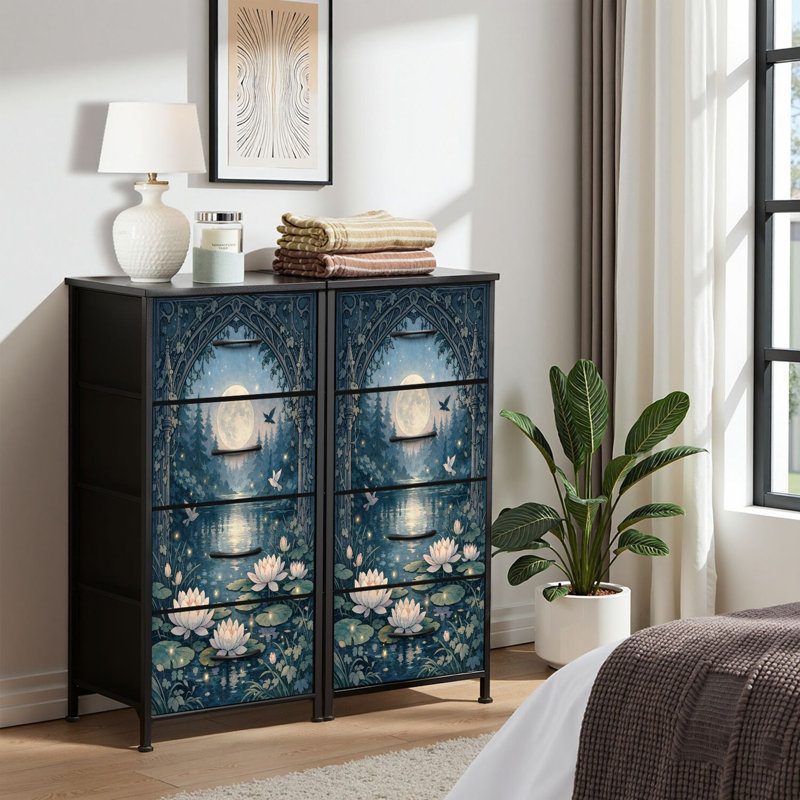 Commode 4 tiroirs pour chambre à coucher, commode étroite, plateau en bois et structure en fer 18 po x 37,5 po (lxH)