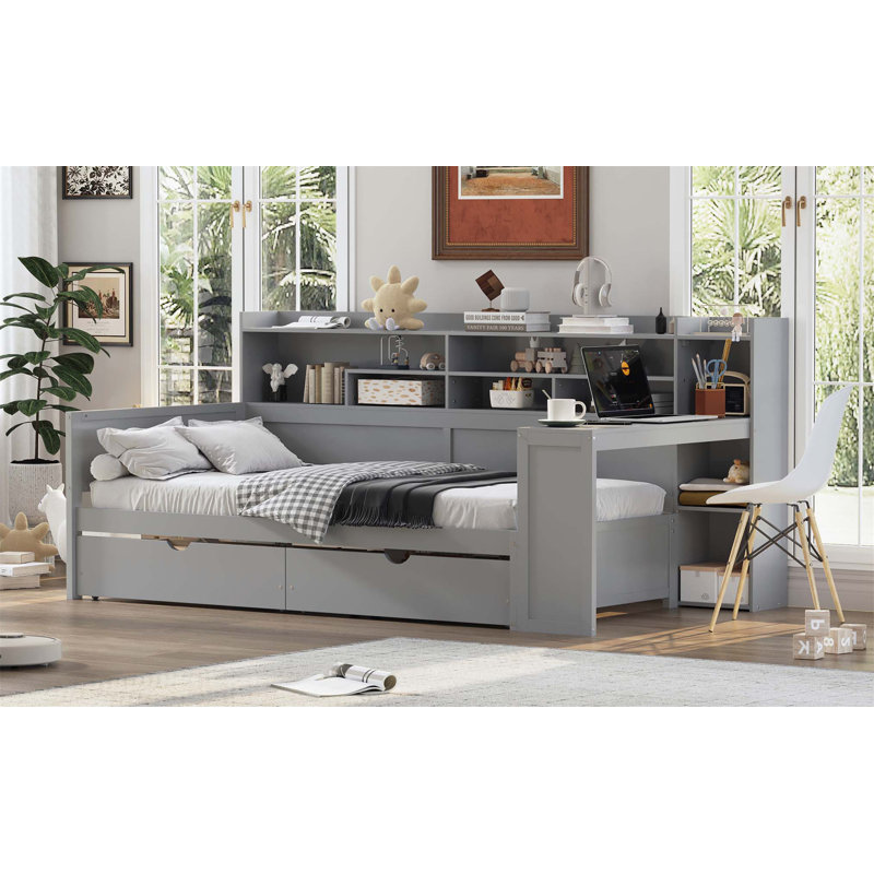 Twin Size Wooden Daybed with Trundle, Storage Drawers, and Study Desk for Space-Saving Multi-Functional Use., Twin