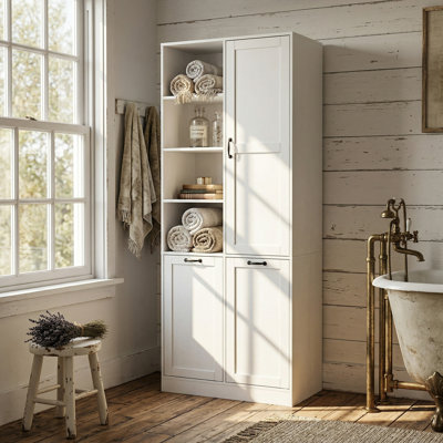 Bathroom linen cabinet with 7 shelves and laundry basket