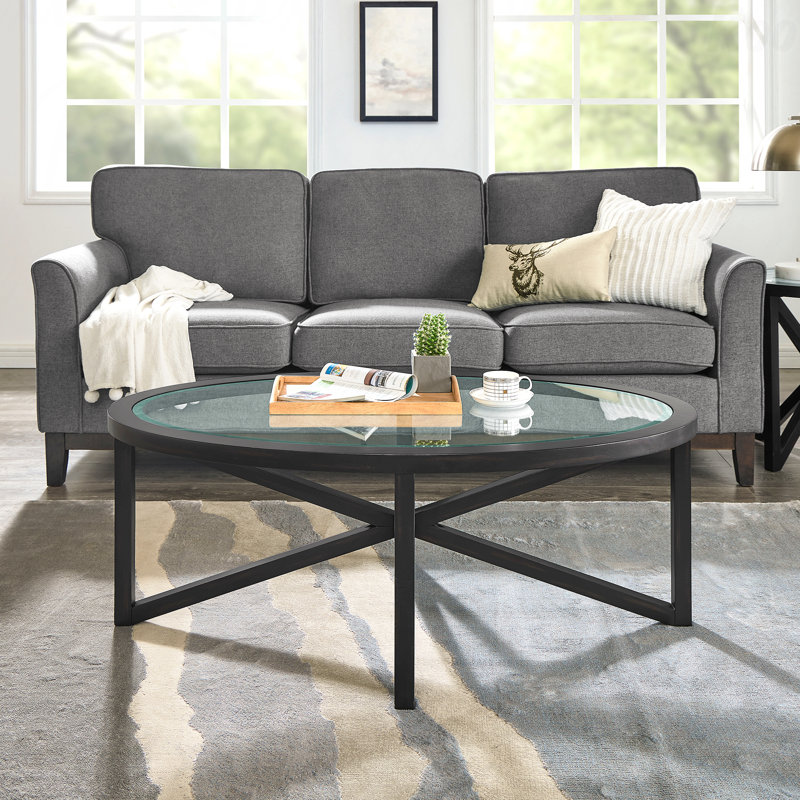 Table basse Mid-Century ovale en verre trempé, table d'appoint Cross X Poplar