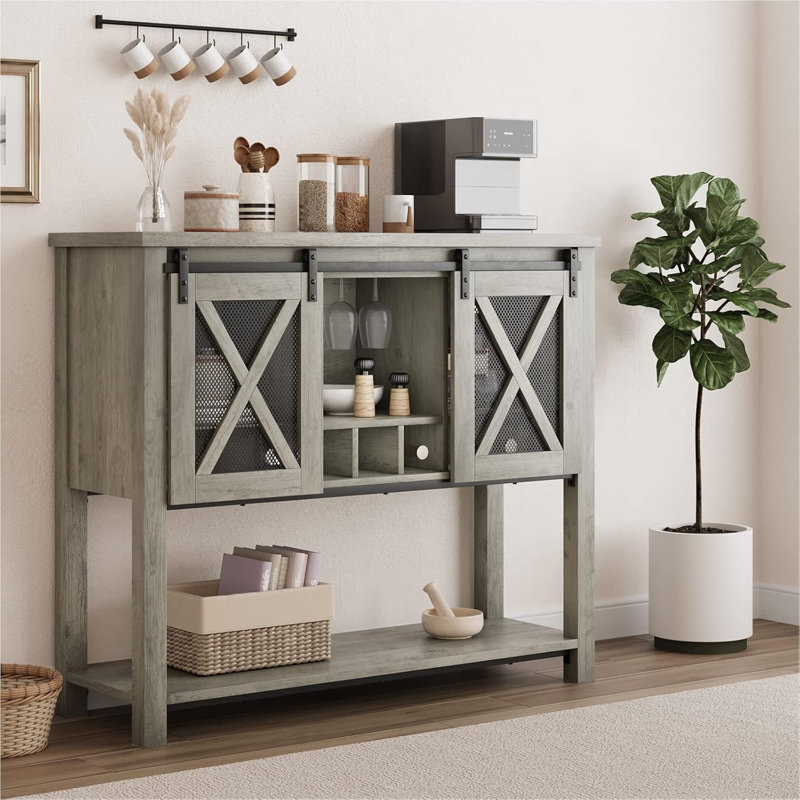 Armoire de salle à manger avec porte de grange et tiroir, Gris