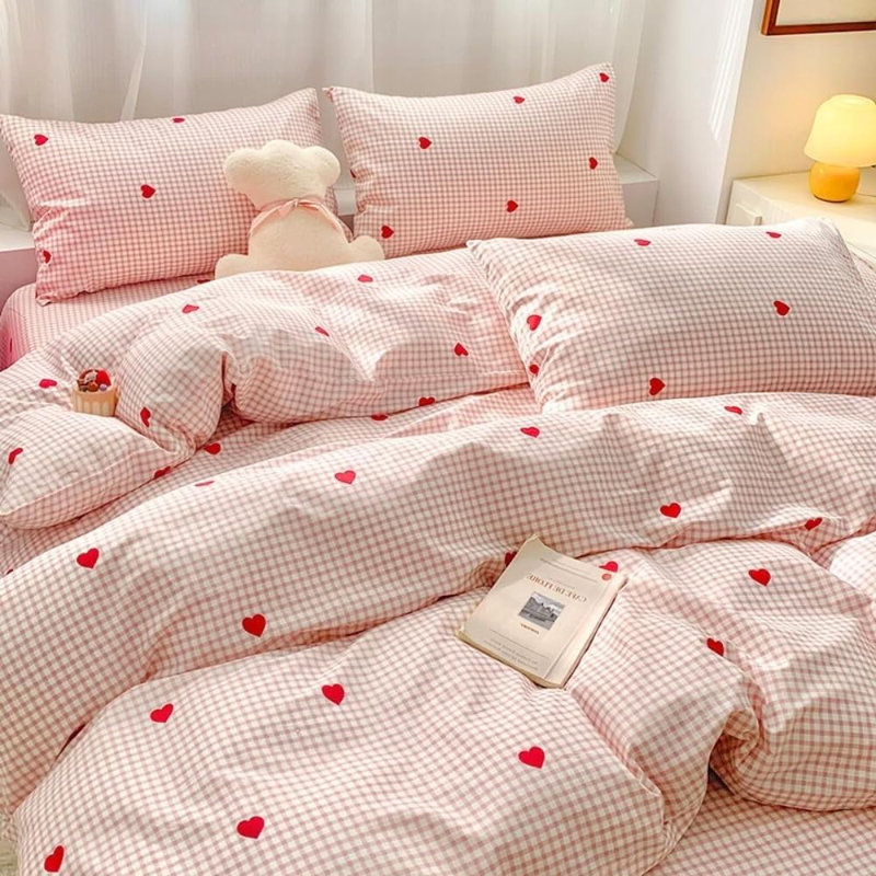 Pink And White Grid Comforter Set Love Heart Plaid Buffalo Check Gingham Pattern Microfiber Bedding Set Modern Cottage Preppy Decor Bedding For Women Girls