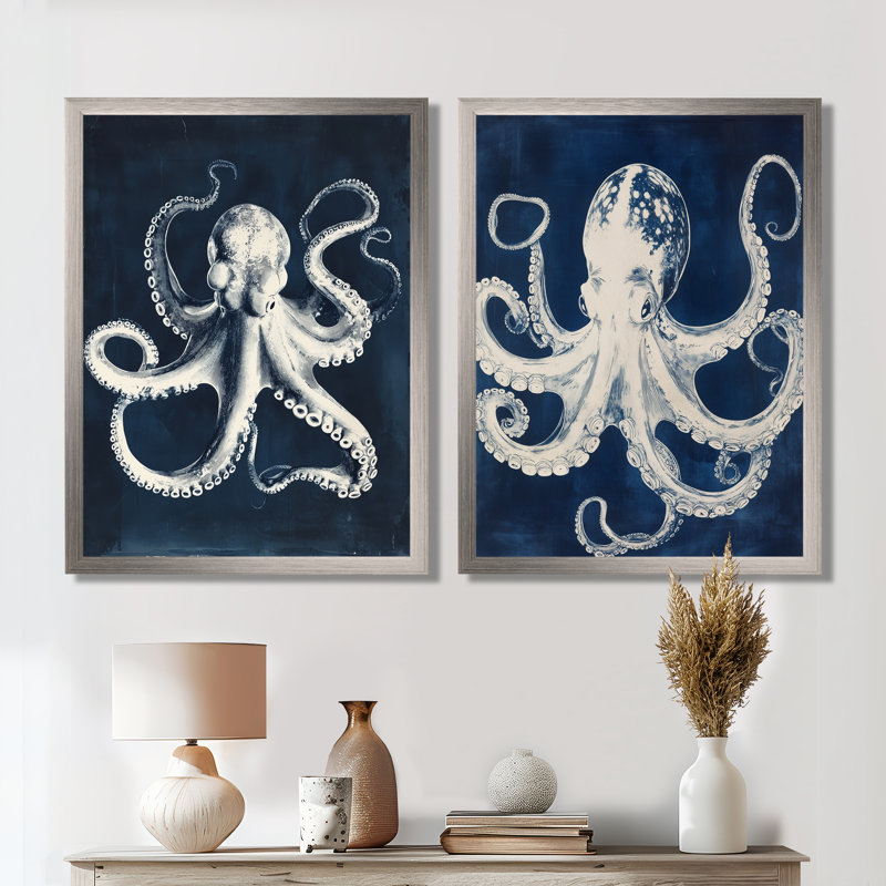 Poulpe en bleu de Prusse I - Ensemble de 2 tableaux sur toile représentant une pieuvre, 32" H x 48" W, Silver Picture Framed