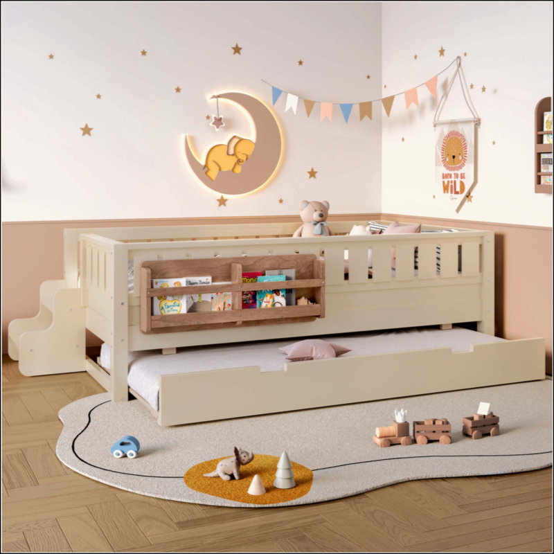 Lit avec bibliothèque intégrée et petit escalier, rails de sécurité de haute qualité et lit gigogne, Twin, Beige