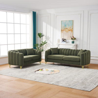 Oversized Chenille Sofa,Luxury 3+2 Seater Deep Couch,Modern Tufted Couch, Gold Metal Legs Sofa for Living Room, Bedroom, Apartment (Green)