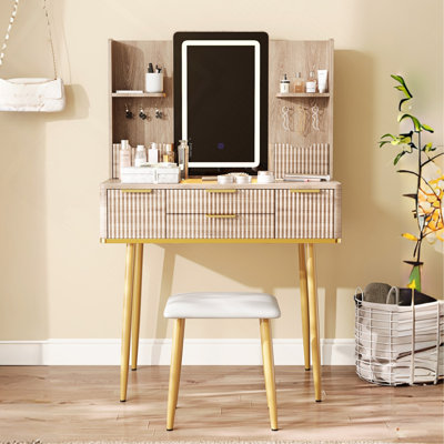 Coiffeuse cannelée avec miroir lumineux DEL et tabouret en PU, table de maquillage moderne à 4 tiroirs avec rangement pour bijoux et pieds en métal pour chambre à coucher
