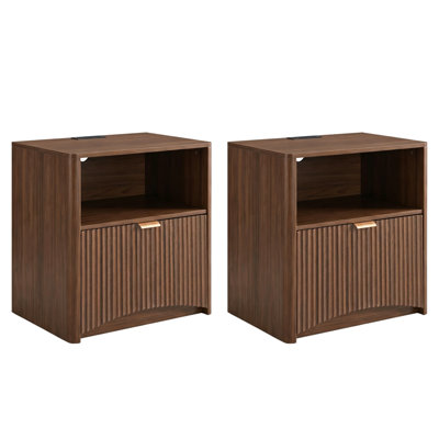 2 Pack Wooden End Table with with Drawer and Open Storage, Fluted Sofa Side Table, Bedroom Nightstand Bedside Table, Walnut