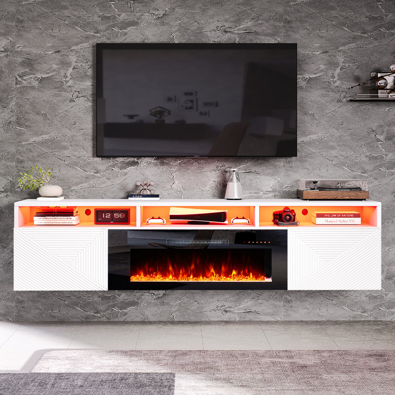  Meuble télé avec foyer 70 po Bhhatu, Blanc/Noir, 70"