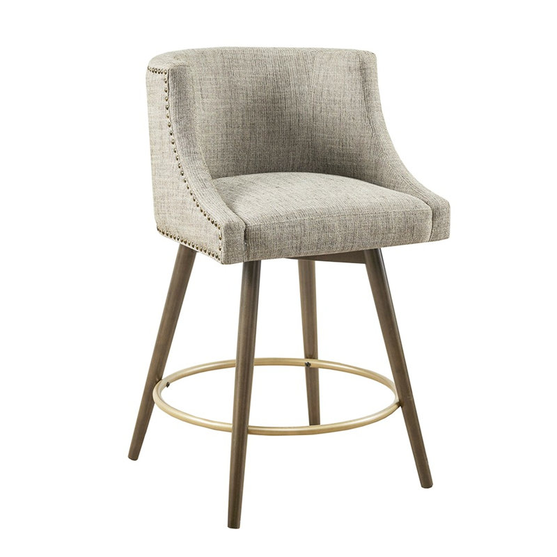 Tabouret de comptoir beige recouvert - pieds en bois massif au fini café foncé, revêtement en bronze antique, capacité de pivotement,