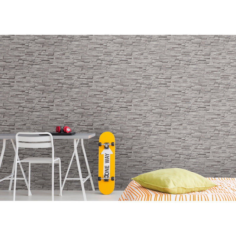 Bricks and More Collection Granite Stone Effect Wallpaper Roll, Gray