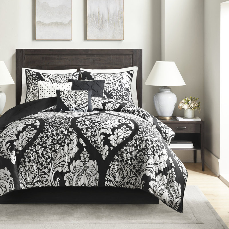 Édredon très grand 7 pièces - noir avec coussins imprimés en coton, Édredon de très grande taille et 6 pièces suppl, Noir
