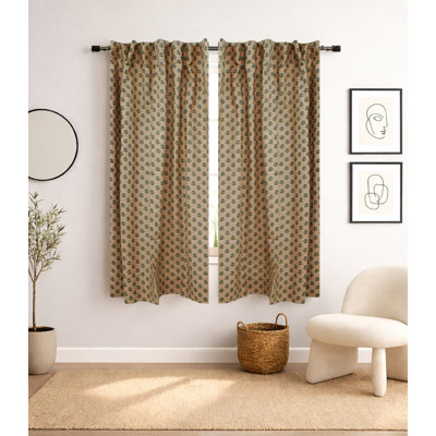 Brown Grey Floral Handmade Block Printed Colored Linen Unlined Flat Panel Curtain for Living Room and Bedroom Home Decor, Boho Farmhouse Linen Drapes & Curtains