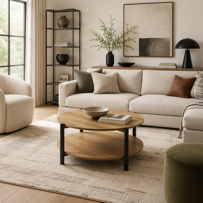 34.4" Transitional Round Coffee Table with Open Shelf, Oak Finish