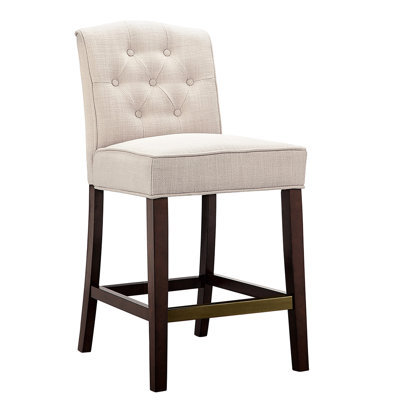Tabouret de comptoir de 26 po avec capitonnage - revêtement brun clair, finition bois, dossier à boutons, plaque de protection bronze, outils d'assemblage requis, bois inclus