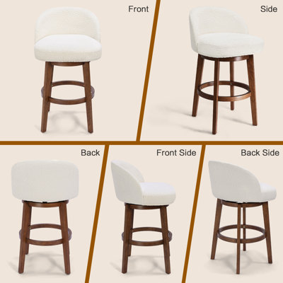 Tabourets de bar pivotants modernes de 66 cm (26 po) avec pieds et dossier en bois, chaises de bar rembourrées en tissu bouclé avec repose-pieds ronds pour îlot de cuisine, beige
