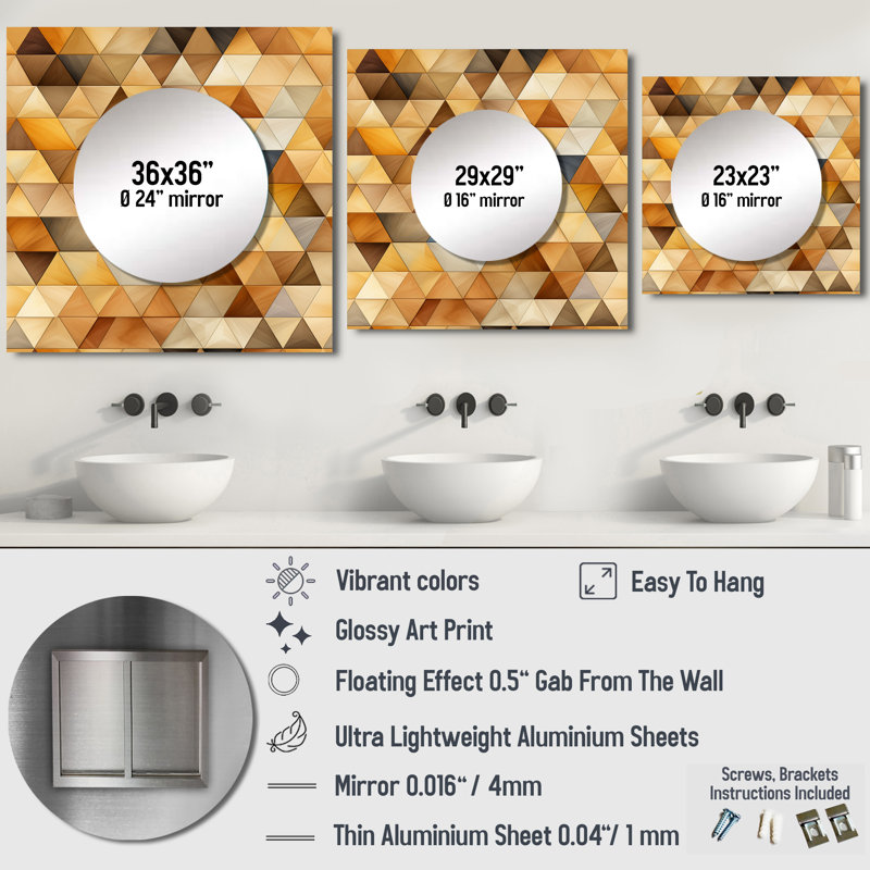 Beige et brun rustique Triangle Vision - grand miroir carré moderne pour décoration murale, 36 po x 36 po