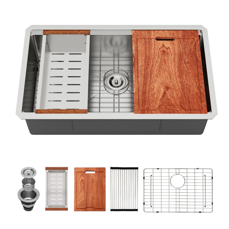 33'' L x 19'' W Undermount Workstation Stainless Steel Single Bowl Kitchen Sink with Cutting Board, Colander, Sink Grid, Strainer and Roll-up Rack