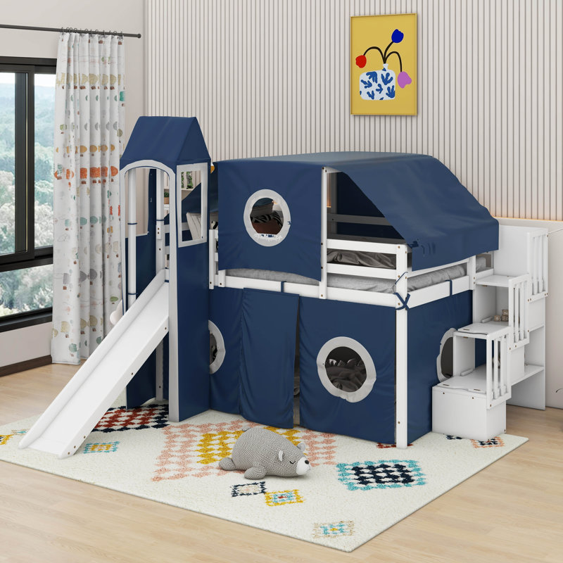 Lit mezzanine double avec tente et tour, Blue