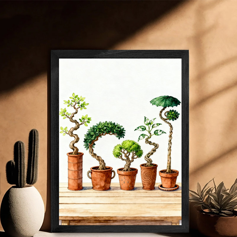 Reproduction d'art encadré noir avec quatre plantes de bonsaï de différentes formes, H 37 po x l 25 po
