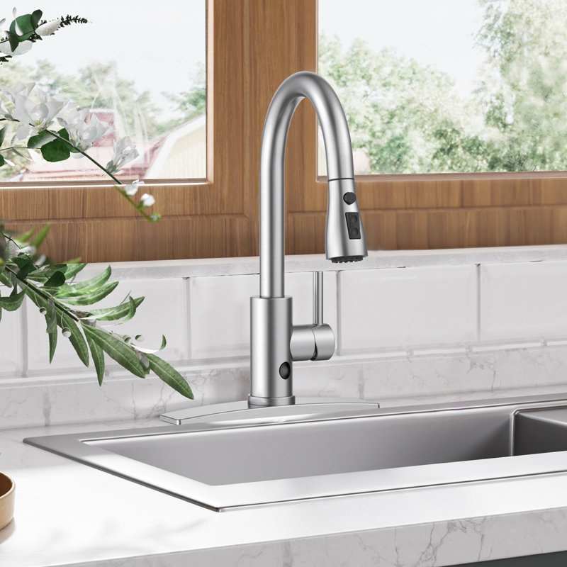 Robinet de cuisine à poignée simple tactile avec plaque de pont, Argent