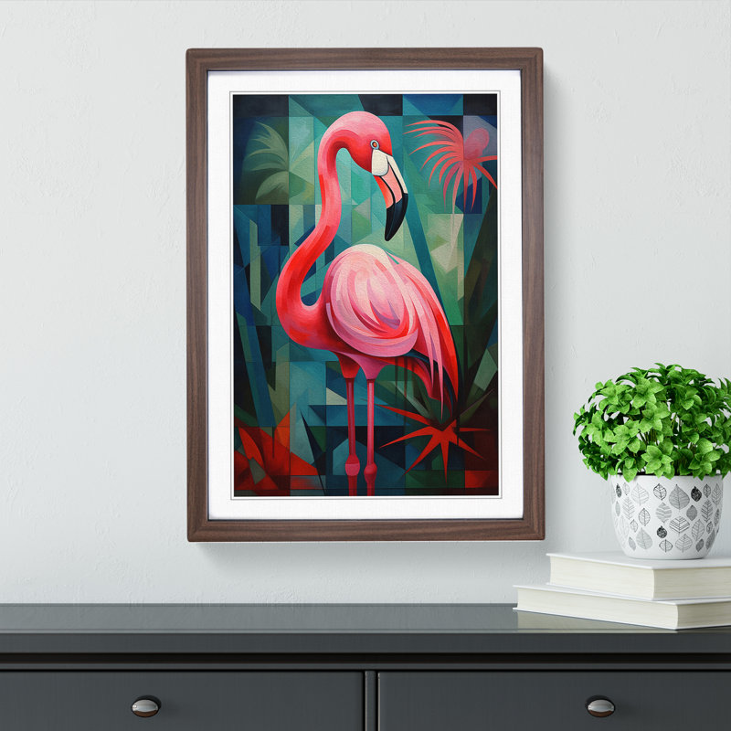 Flamingo Cubism No.2 - Framed Print, 34cm H x 25cm W x 2cm D, Walnut