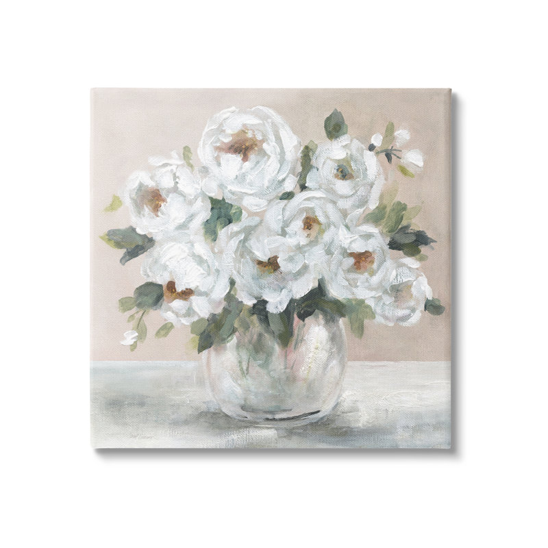 Au-671, toile pivoine blanche sur toile par Carol Robinson, peinture, H 17 po x l 17 po x P 1,5 po