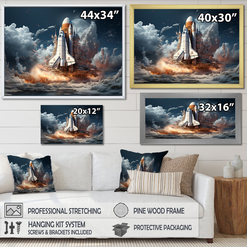 Lancement de la Navette spatiale moderne II sur toile, H 34 po x l 44 po x P 1,5 po, Cadre simple noir