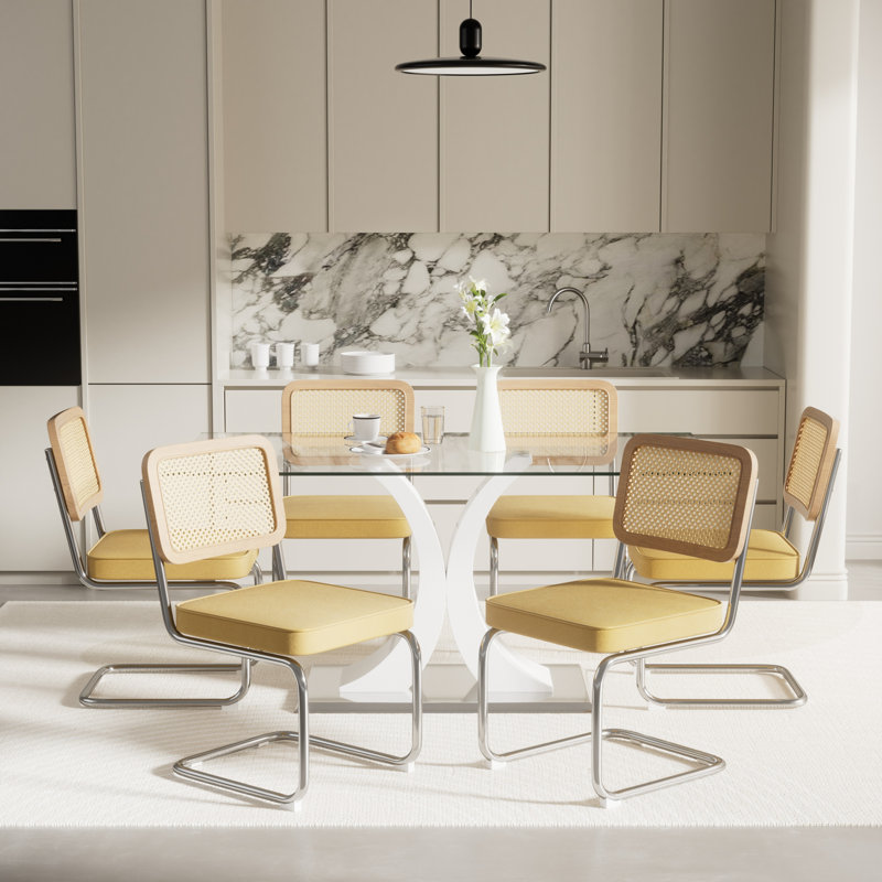 Ensemble de salle à manger rectangulaire, 7 pièces : table, 6 chaises, Blanc, Jaune