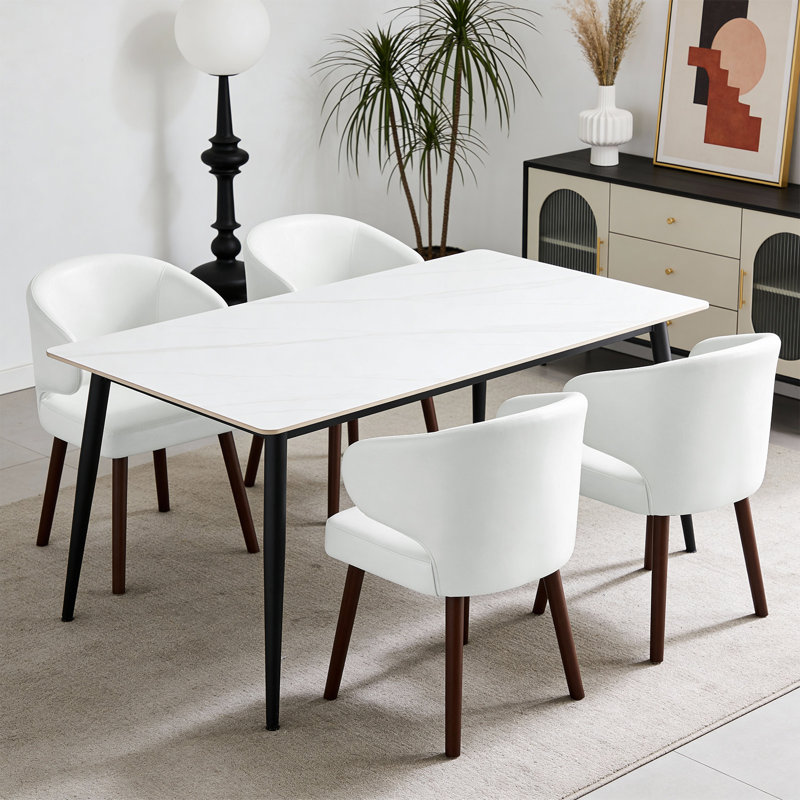 Modern PU Leather Dining Chair with Curved Backrest and Solid Wood Legs, White