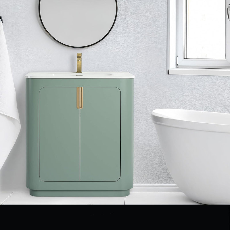 Atticus 30 Inch Bathroom Vanity with Sink, Green/Satin Brass