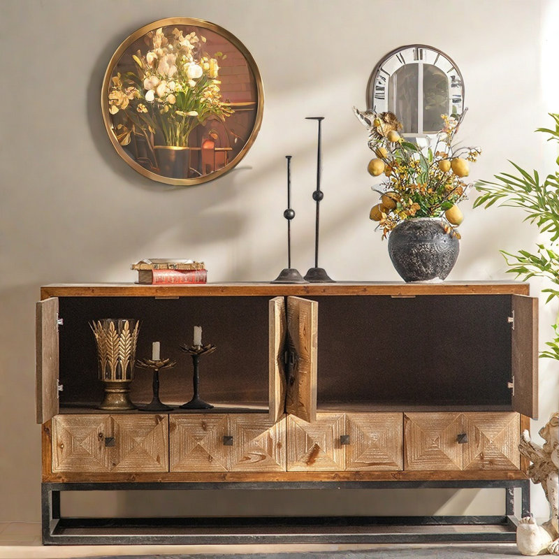 Buffet décoratif rétro en bois massif sculpté à la main