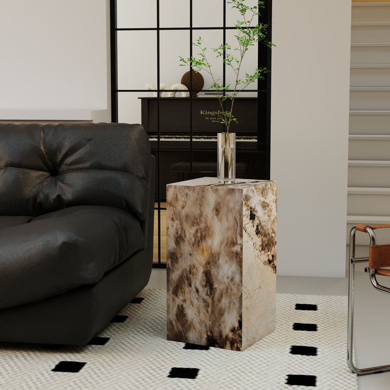 Square Faux Marble and Concrete End Table, 26" H x 14" W x 14" D, Brown