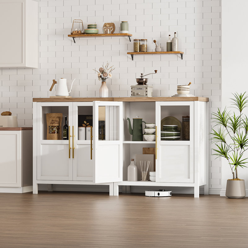 Modern Farmhouse Entryway Storage Cabinet – 29" Buffet Sideboard with 2 Glass Doors & Shelves – Versatile Organizer for Kitchen, Dining, Living Room – White with Wood Contrast Cabinet