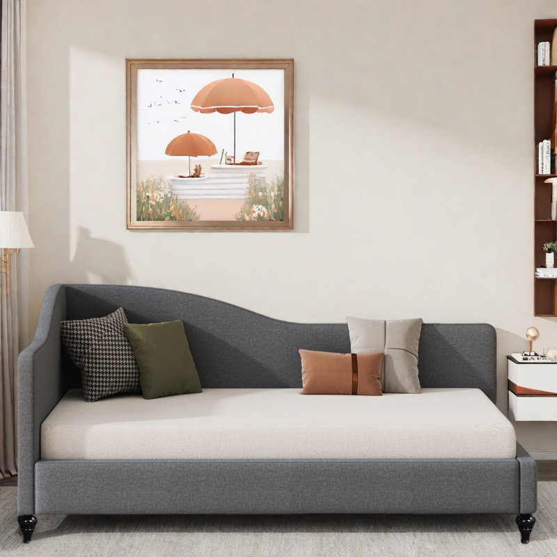 L-shaped Linen Daybed With Solid Wood Legs, Gray, Twin