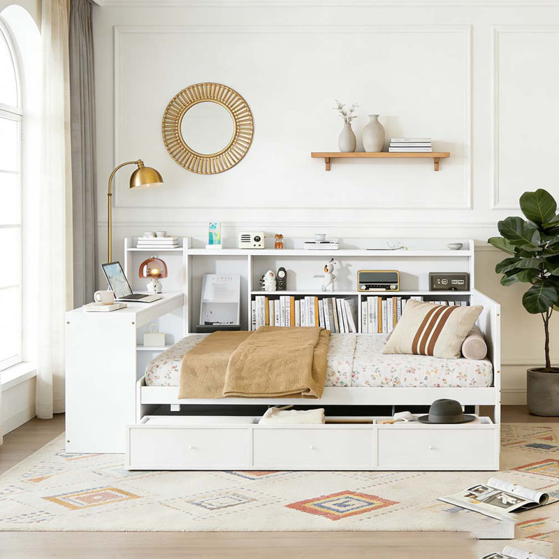 Lit de jour double en bois avec 3 tiroirs, ports USB et bureau, Blanc