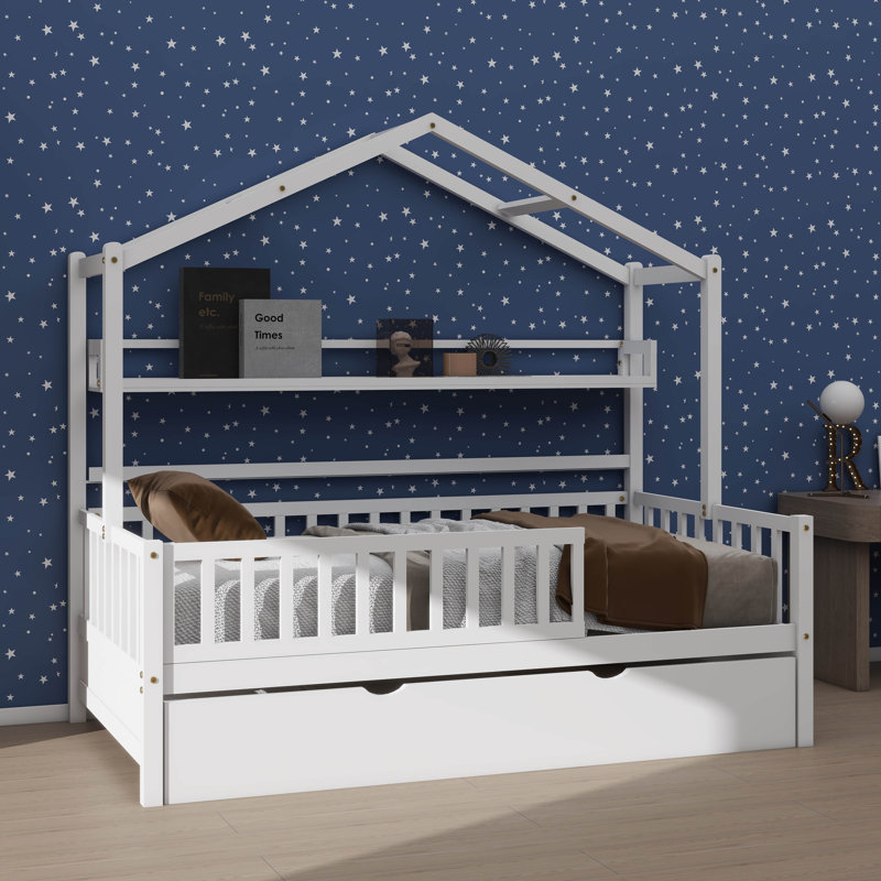 Lit simple en bois avec lit gigogne et tablette intégrée pour enfants, Simple