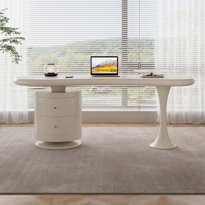 Bureau de direction incurvé en bois manufacturé crème avec 2 tiroirs, H 29,53 po x l 70,87 po x P 23,62 po