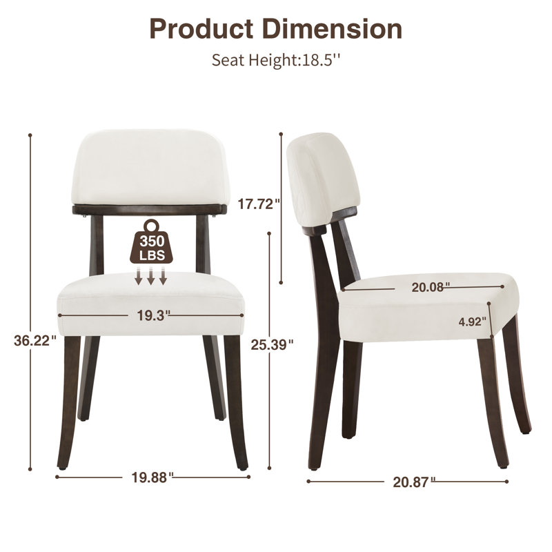 Mid-Century Upholstered Solid Wood Side Chair  Set of 2, White