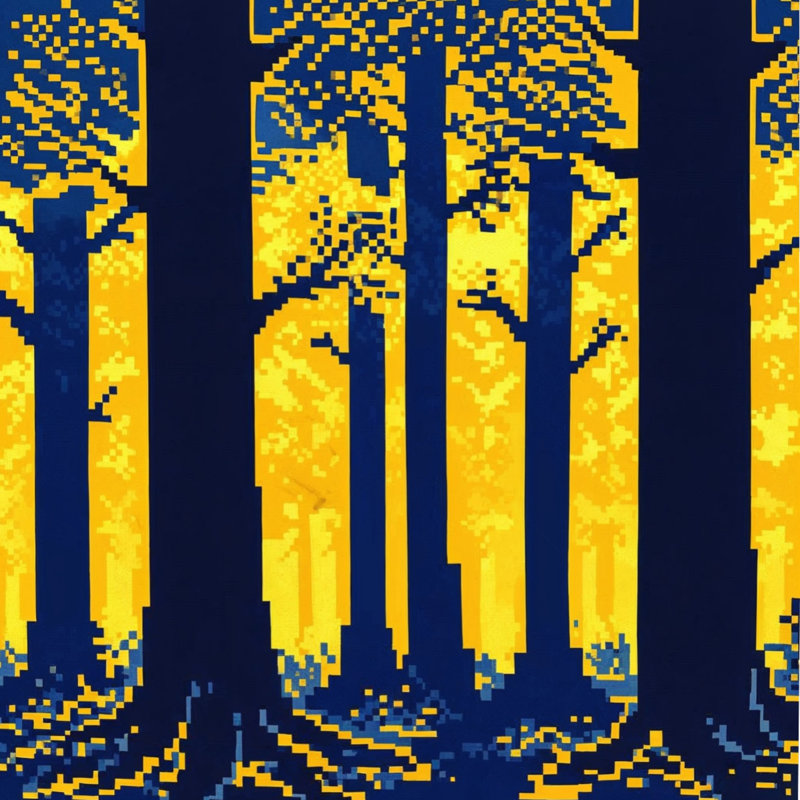 Couette Arbres de Forêt Pixelisés, Lit simple, Bleu foncé / jaune