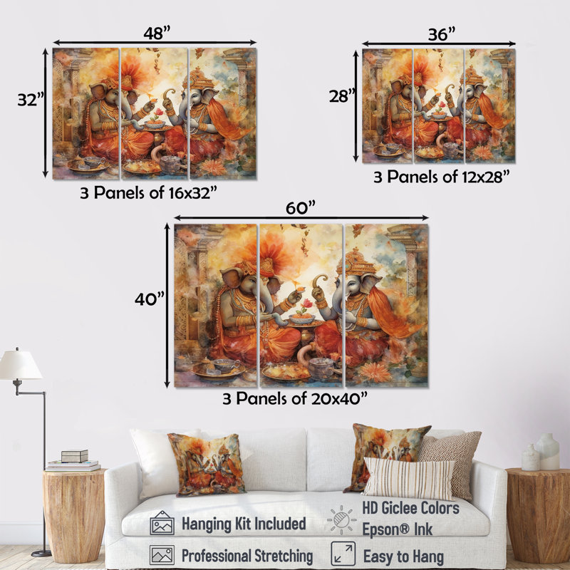 Hindouisme aquarelle Ganesha avec détails complexes - ensemble de salon art mural de l'hindouisme, H 32 po x l 48 po