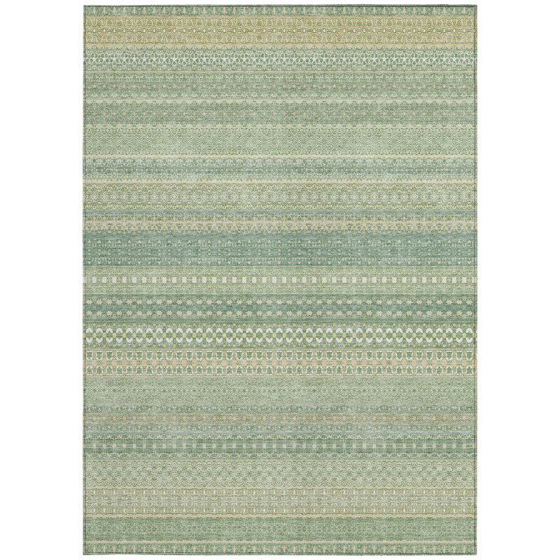 3' X 5' Artichoke Green Striped Washable Non Skid Indoor Outdoor Area Rug