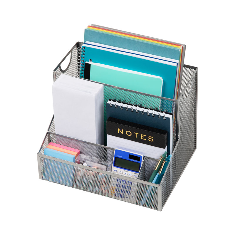 Silver Metal Mesh Desktop Organizer with Vertical File Storage