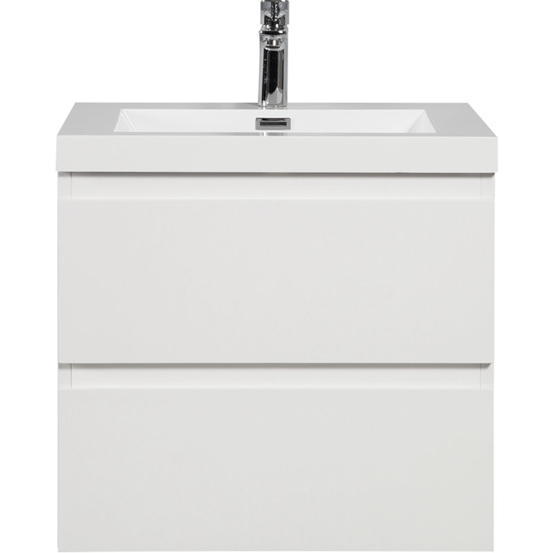 Meuble-lavabo de 24 po. Rangement moderne. Lavabo supérieur en résine. Blanc brillant. Tiroir à fermeture en douceur. Optimisation de l'espace. Méthode d'installation facile. Meuble-lavabo flottant avec rangement