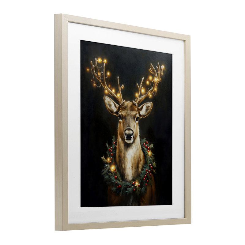 «Illuminated Deer & Wreath», impression sous verre encadrée, design par Arlington Prints, Cadre de récolte en pin