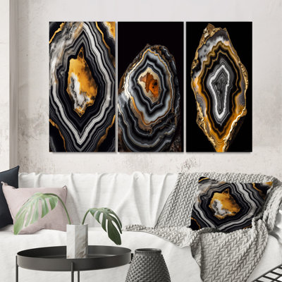 Glam Serenity Black Gold Agate - Abstract Shapes Art Set Of 3 Pieces
