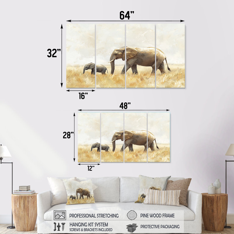 Éléphant avec son bébé en Afrique - Éléphant, art mural - ensemble de décoration murale moderne, H 28 po x l 48 po