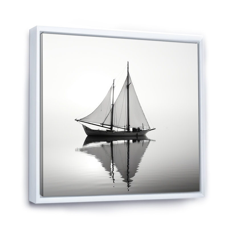 «Grey Lonely Vessel Boating III» - art mural bateau côtier, Cadre flottant blanc, H 30 po x l 30 po x P 1,5 po