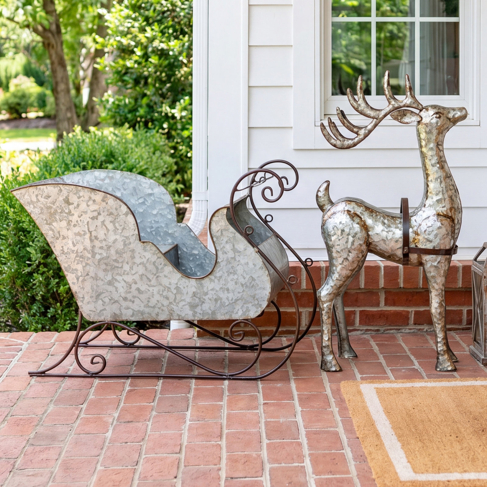 Large Galvanized Reindeer And Sleigh Decoration